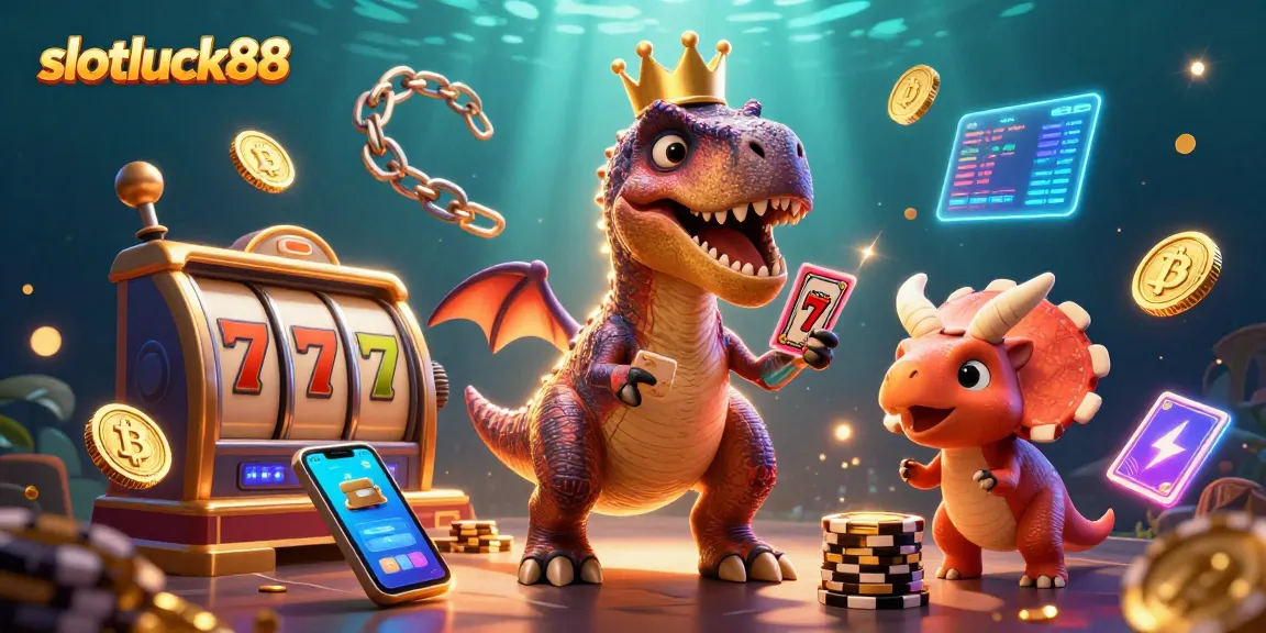 slotluck88 features a lively gaming scene with a T-Rex shuffling cards and a pterodactyl assisting in a vibrant casino atmosphere.