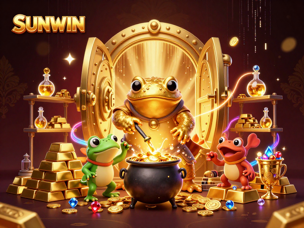 SUNWIN unlocks treasure in a magical casino scene with alchemists transforming gold.