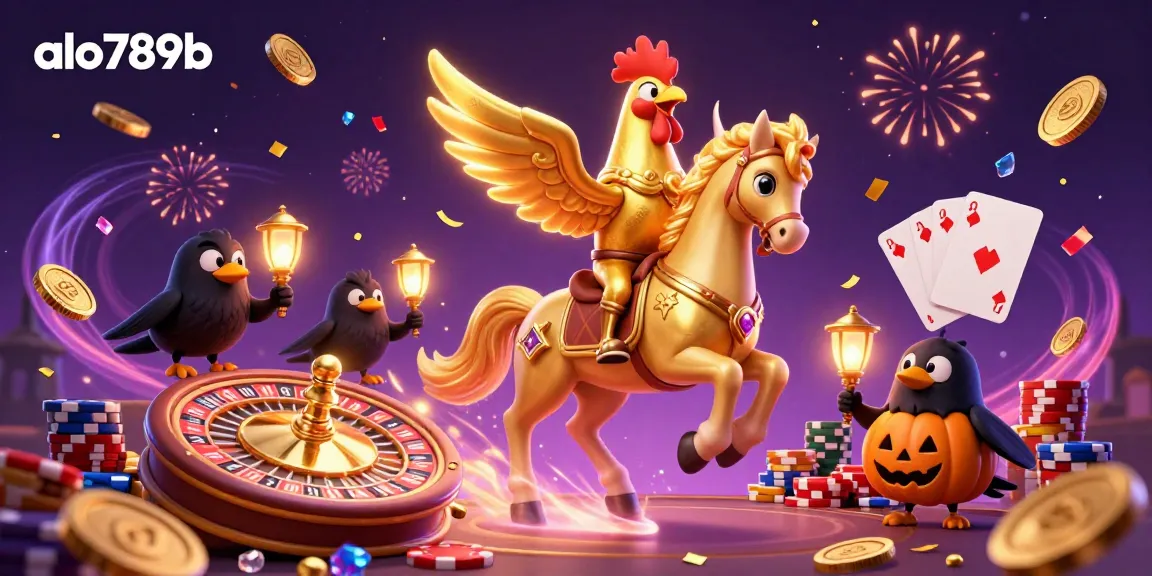 Play exciting games at alo789b with a golden rooster championing the casino experience alongside vibrant gaming elements.