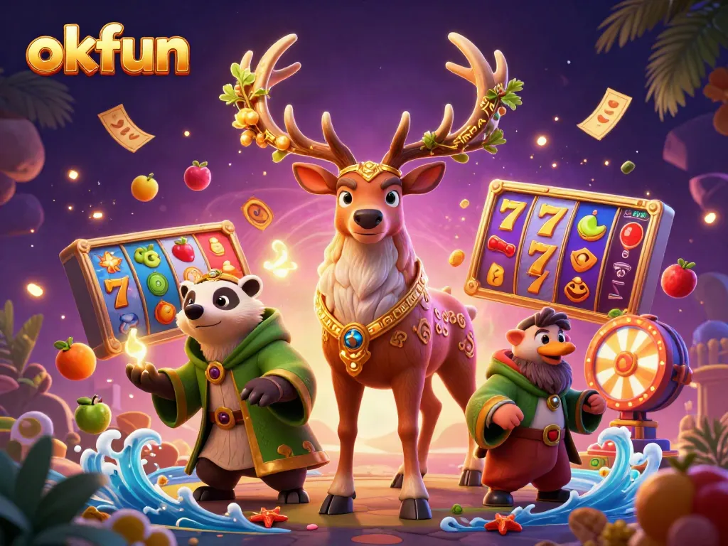 Experience exciting casino fun with okfun's vibrant illustration featuring a mythical stag and lucky symbols.