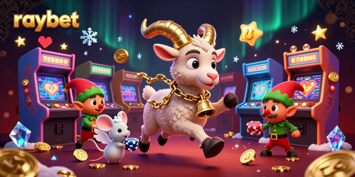 Raybet features a whimsical casino scene with Krampus, an angel mouse, and mischievous elves stealing chips.