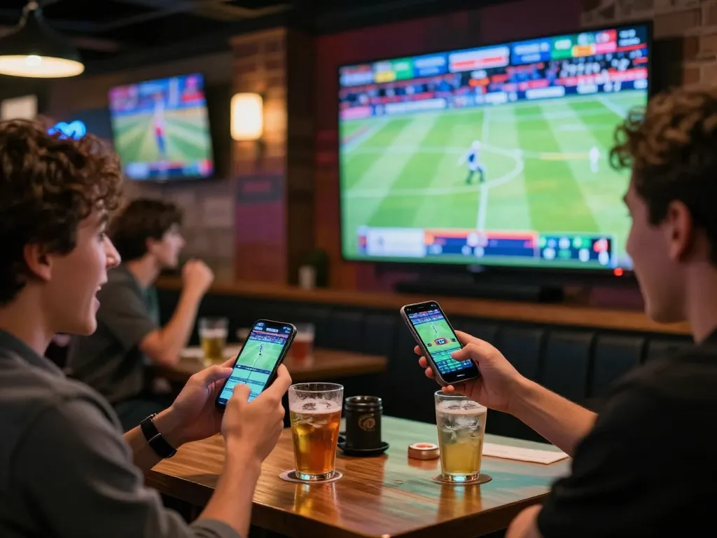 SBOBET sports betting action with a user placing bets while enjoying a game in a vibrant sports bar setting