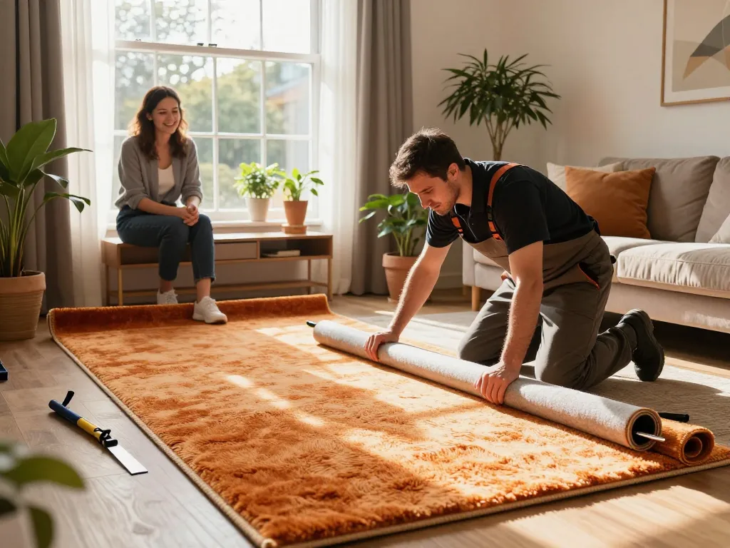 carpet fitting services West London in a cozy living room with an expert installer