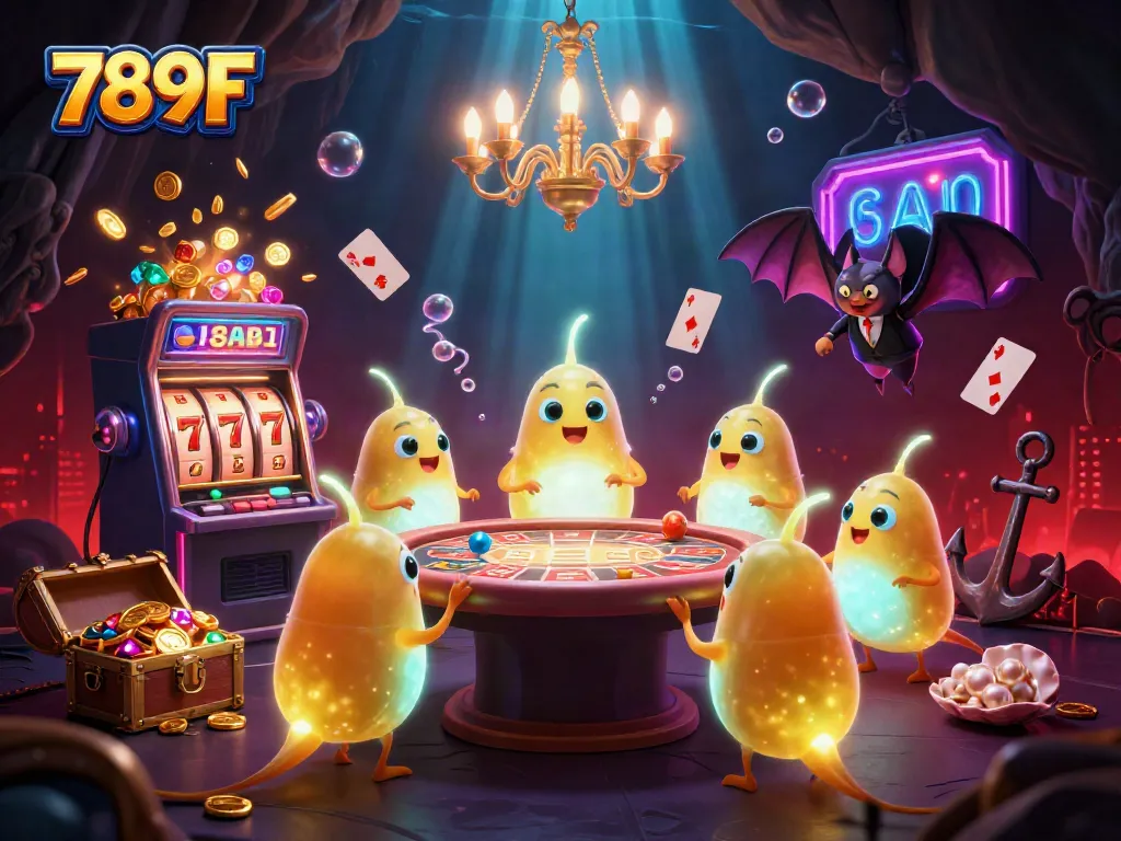 Experience the vibrant action at 789F cave casino, illuminated by glowing glowworms and exciting slot elements.