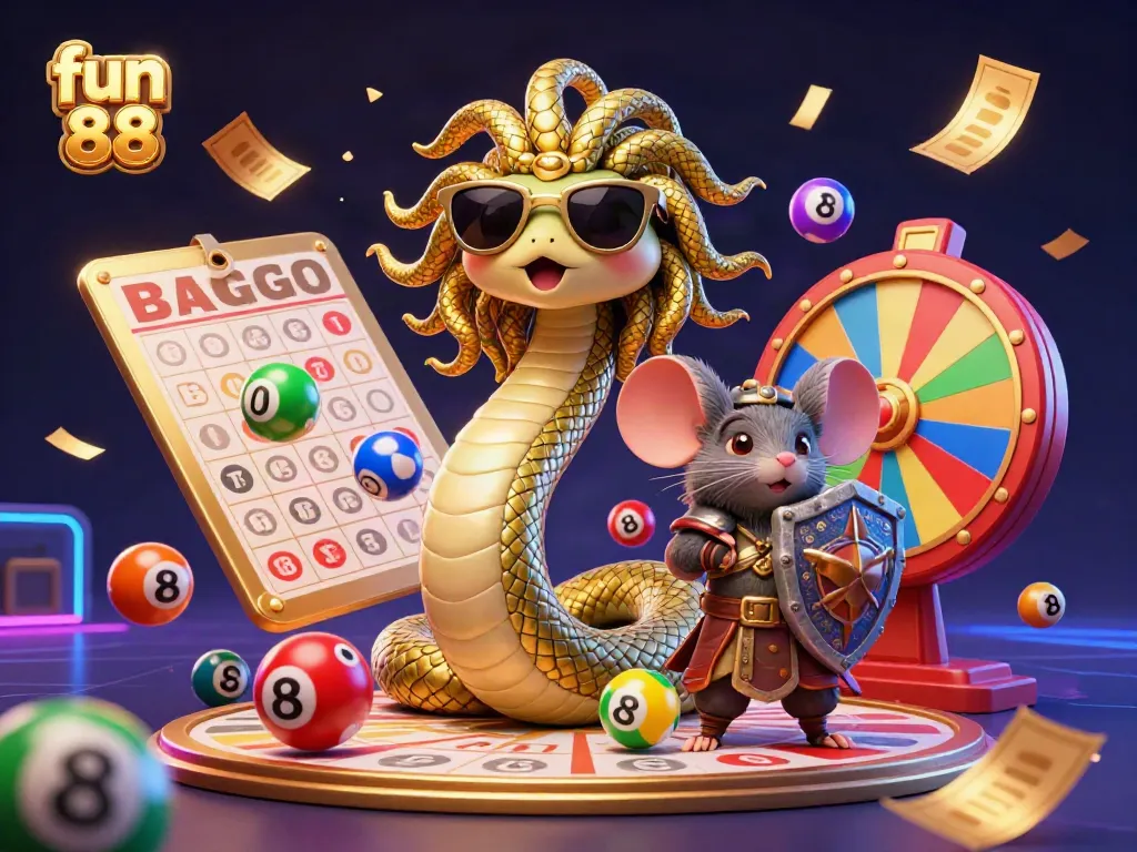 Join fun 88 in a vibrant 3D casino adventure with Medusa and a warrior mouse surrounded by lottery elements.