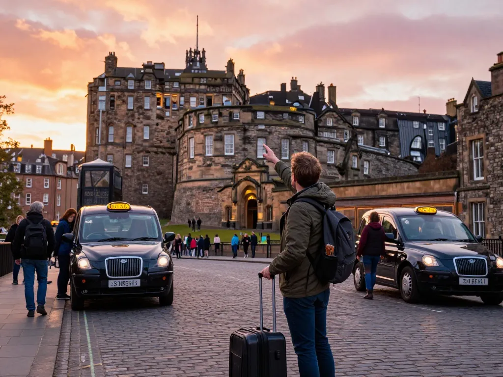 Taxi to Edinburgh with a traveler at Edinburgh Castle, showcasing vibrant city life.