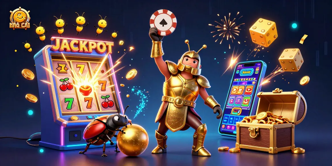 Experience Kèo nhà cái with a victorious beetle and jackpot excitement in this vibrant illustration.