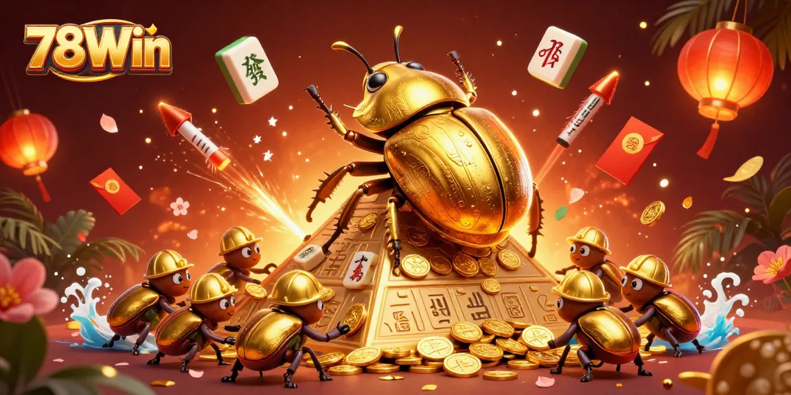 Engage with 78Win's thrilling casino action featuring golden beetles, coins, and festive decorations.