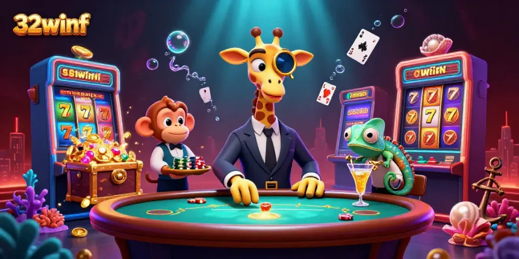 Enjoy thrilling gameplay at 32winf with a high-roller giraffe and vibrant slot machines in a 3D casino scene.