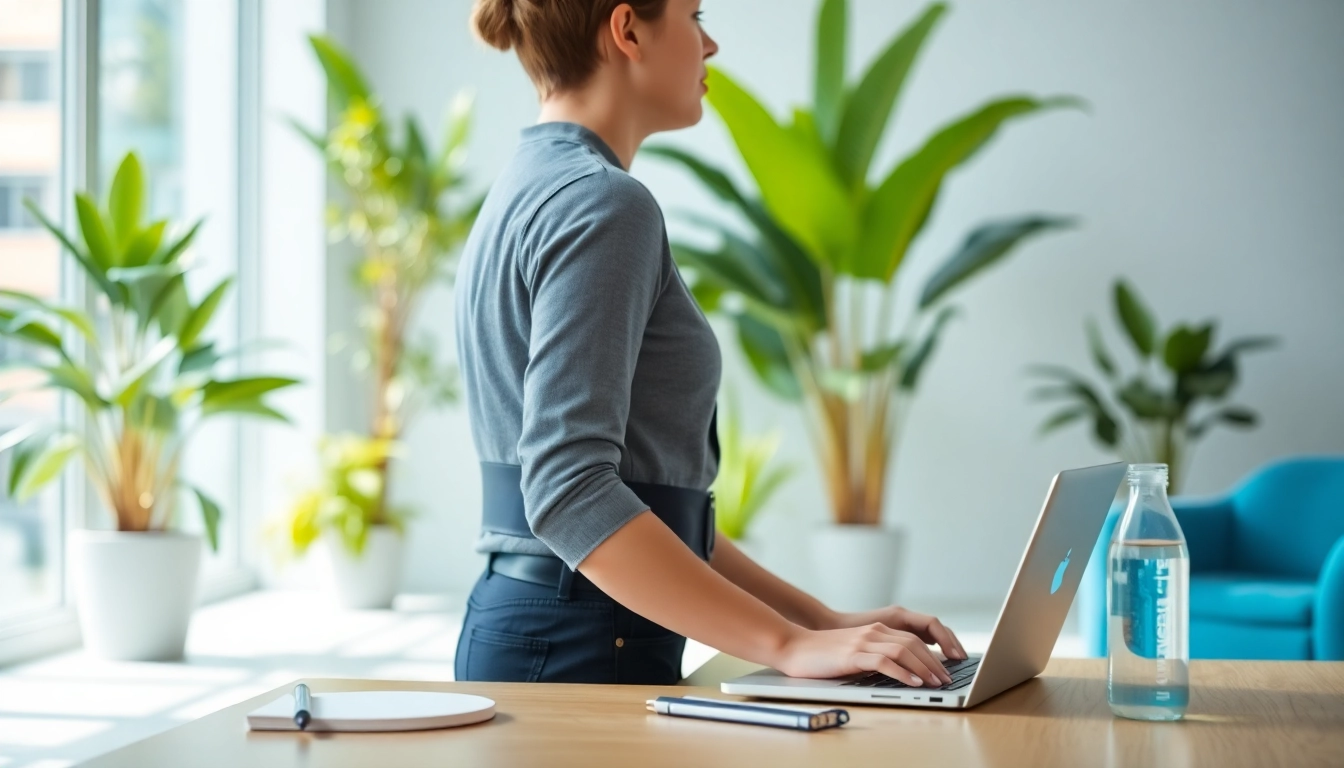Individual demonstrating proper posture while using a posture corrector in a modern office.
