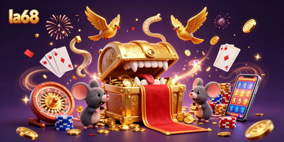 Experience thrilling wins at la68 with adventurer mice and golden treasures in a vibrant casino scene.