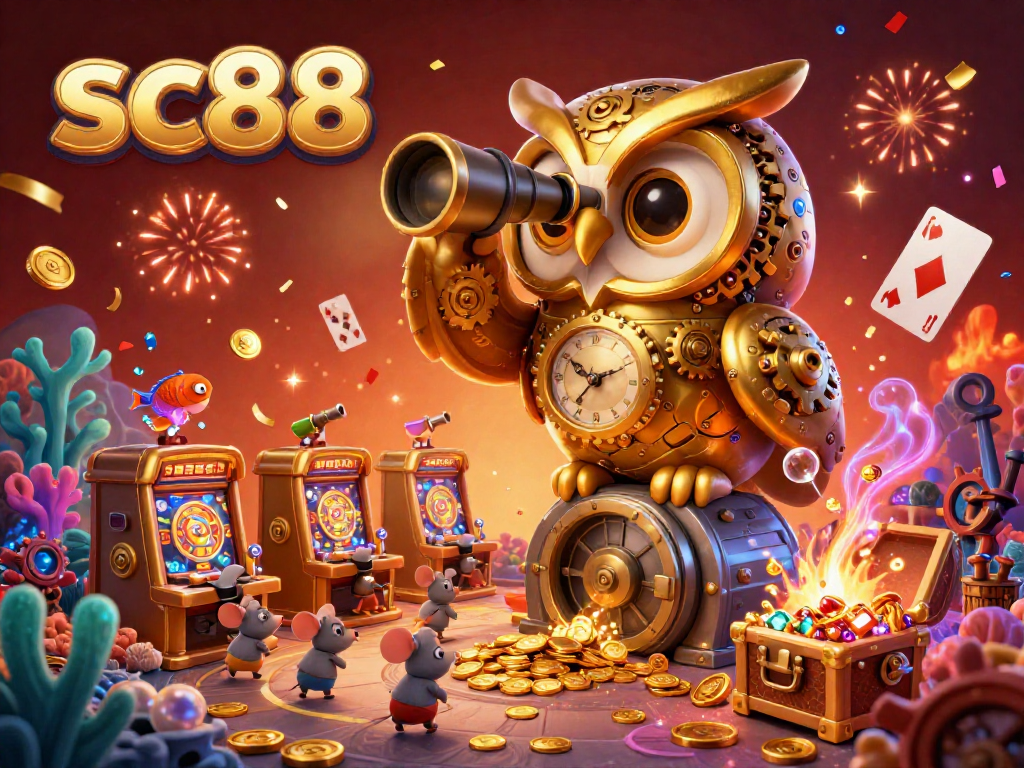 Engage with thrilling casino action at sc88, showcasing a whimsical golden owl and vibrant gambling elements.