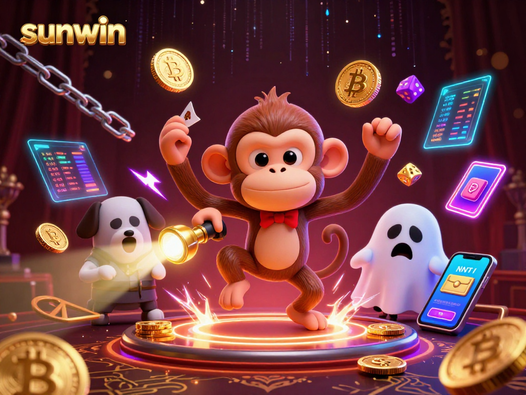 Engage with sunwin's thrilling 3D animated casino scene filled with crypto elements and gaming excitement.