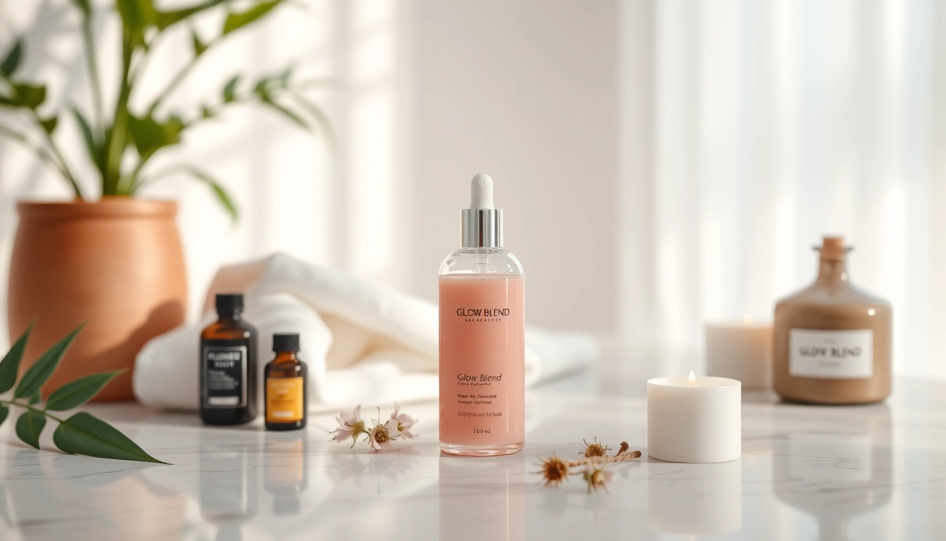 Experience the luxurious Glow Blend with a beautifully styled skincare setup showcasing its elegance.