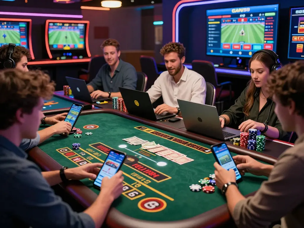 GAVN99 online betting scene with diverse players enjoying casino games and sports betting in a vibrant virtual environment
