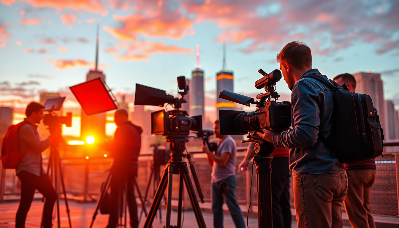 Professionals engaged in video production activities against a dynamic urban backdrop.