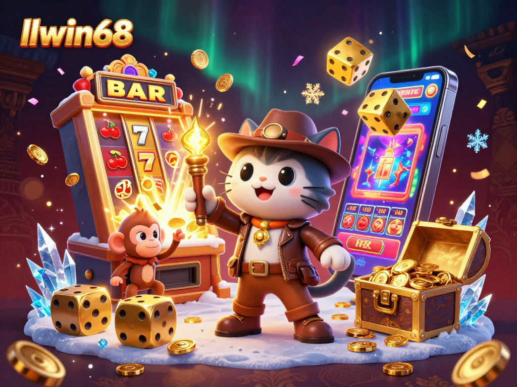 llwin68 showcases an archaeologist cat discovering jackpot treasures amidst dynamic casino elements.