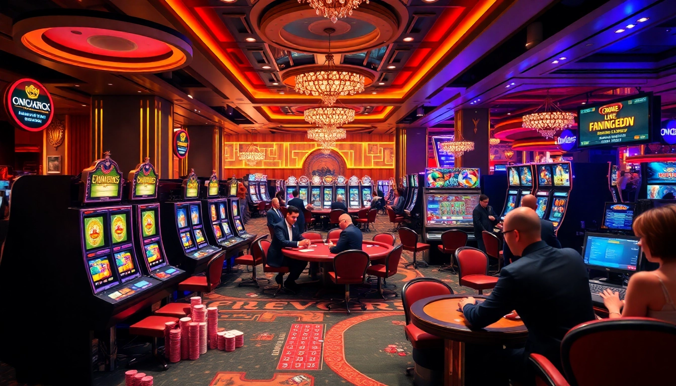 Experience excitement at Cwin, showcasing players at slot machines and live gaming tables.