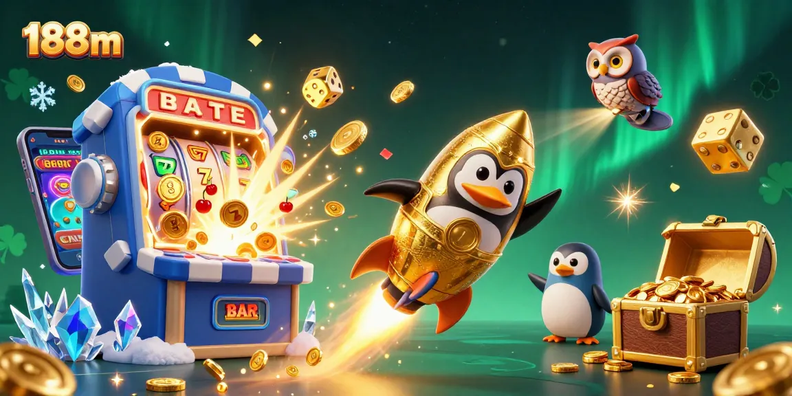Experience the excitement of 188m casino with a vibrant scene of a golden penguin amidst jackpots and casino game elements.