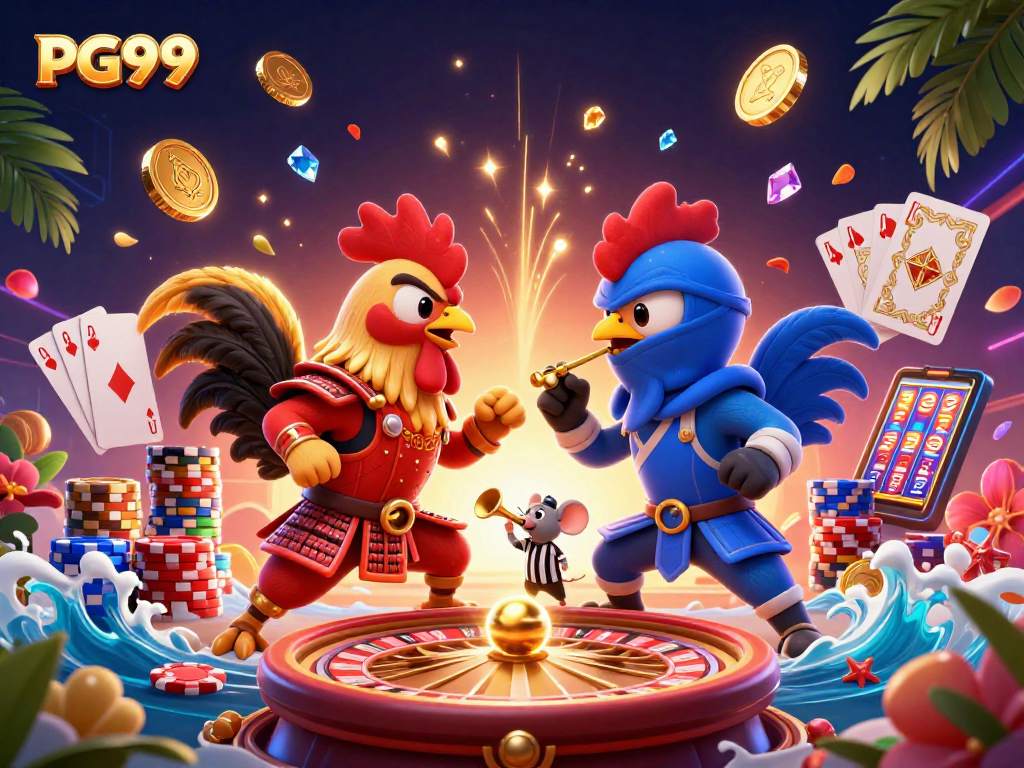 Experience thrilling PG99 action with fighting roosters and casino excitement in this vibrant illustration.
