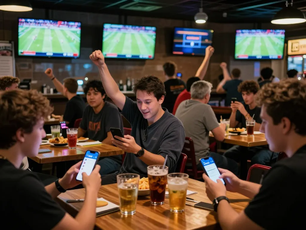 Patrons engaging with the 7mcn betting app while watching live football in an energetic sports bar setting.