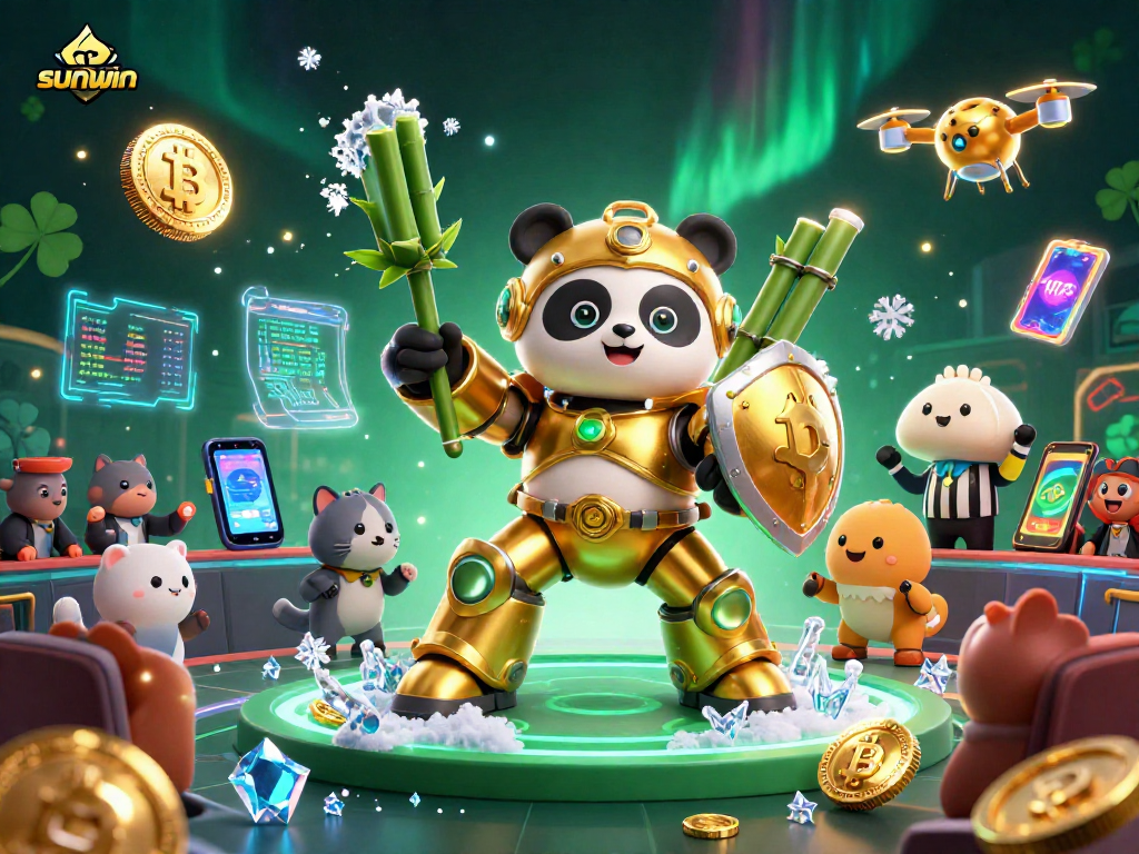 Engage with thrilling games at sunwin as a golden panda pilots a robot in a vibrant casino arena.
