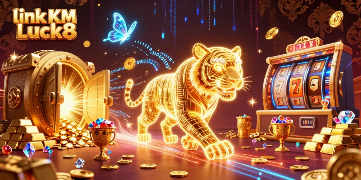 Win big with link KM Luck8 in this vibrant casino scene featuring a glowing tiger and treasure.