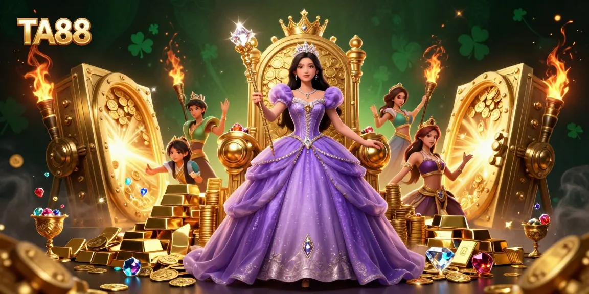Experience the excitement of TA88 with a stunning digital casino illustration featuring vibrant gems and treasures.