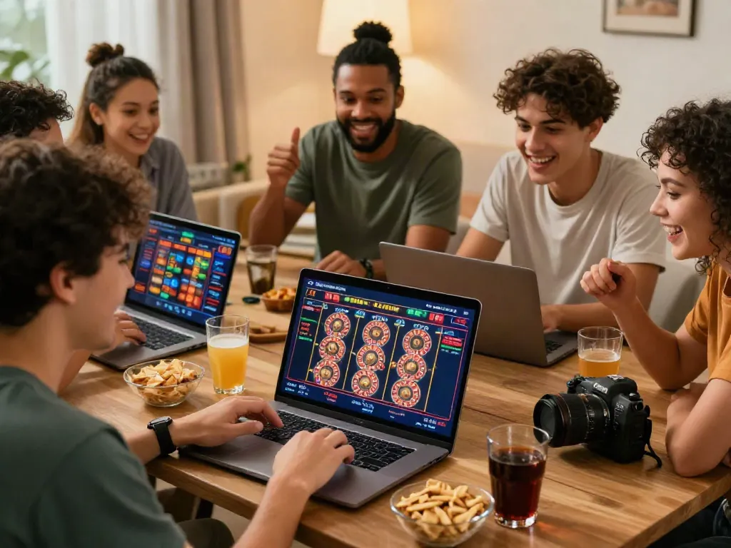 Casino sites not on gamstop: Friends enjoying an online casino game in a cozy living room.