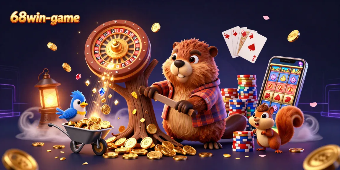 Join the fun at 68win-game as our cartoon beaver collects magical coins and acorns in an exciting casino adventure!