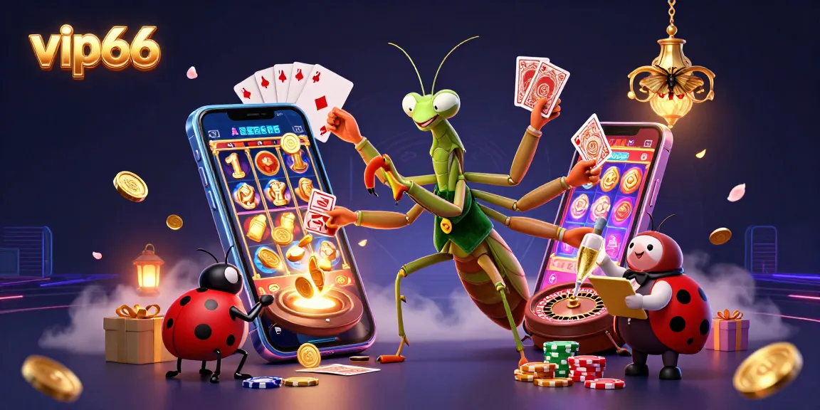 Engage with vip66's vibrant casino scene featuring a lively praying mantis dealing cards.