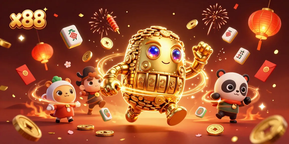 Experience the excitement of x88 with a golden golem and festive casino elements in a vibrant casino scene.