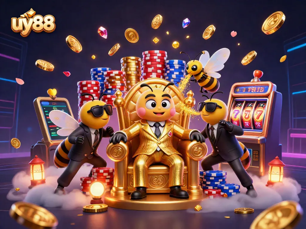 uy88 showcases a vibrant casino scene with cartoon characters, coins, and slot machines, promoting exciting gameplay.