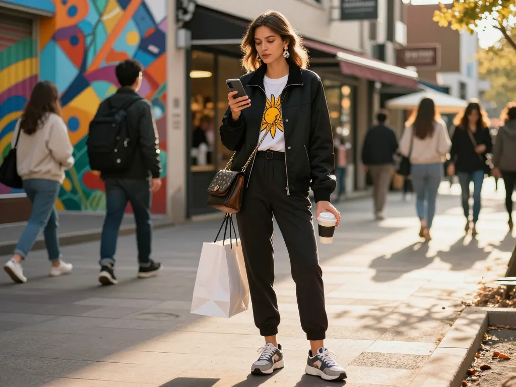 Young woman in stylish sunwin jacket enjoying urban street fashion during sunset.