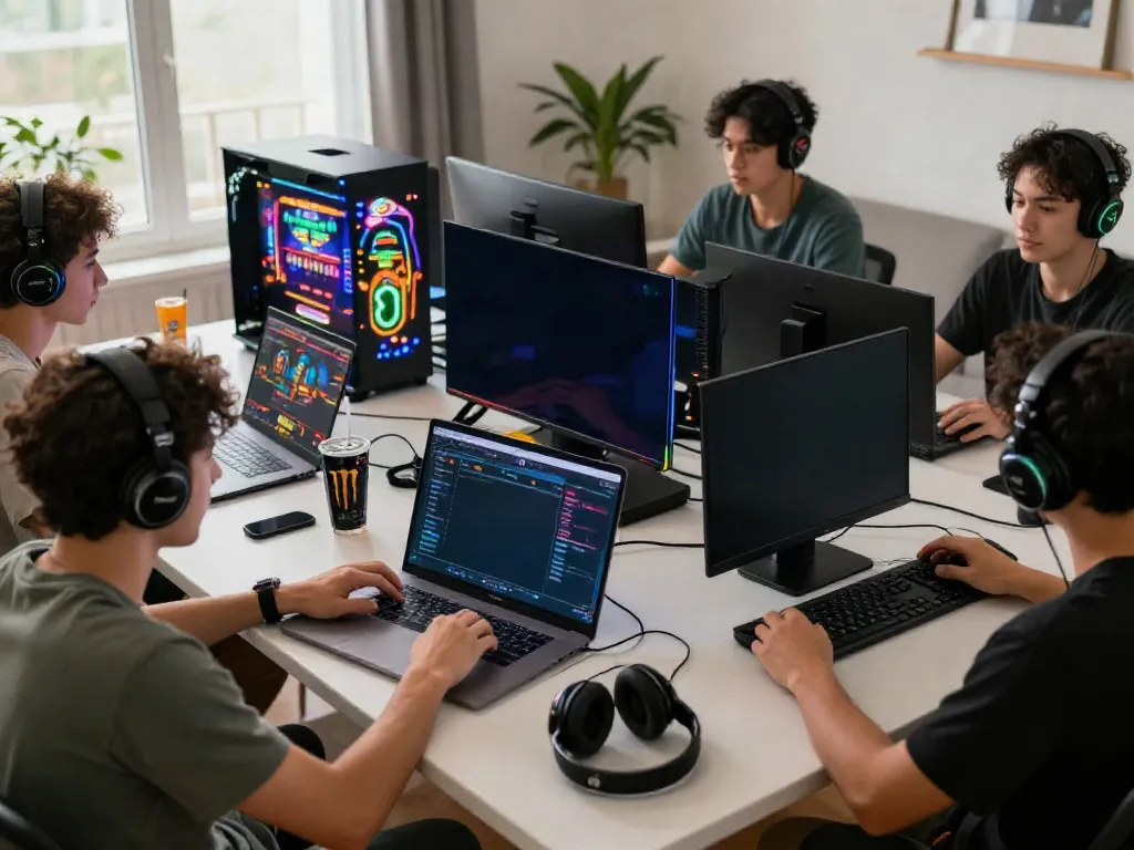 Exciting online gaming scene at https://lu88.vote/ with friends playing casino games on laptop and smartphones.