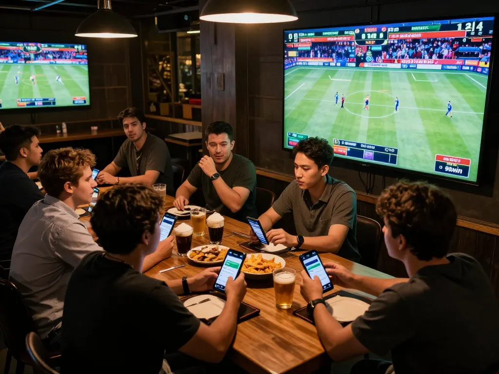 Friends placing bets on the 98win platform during a thrilling live sports event