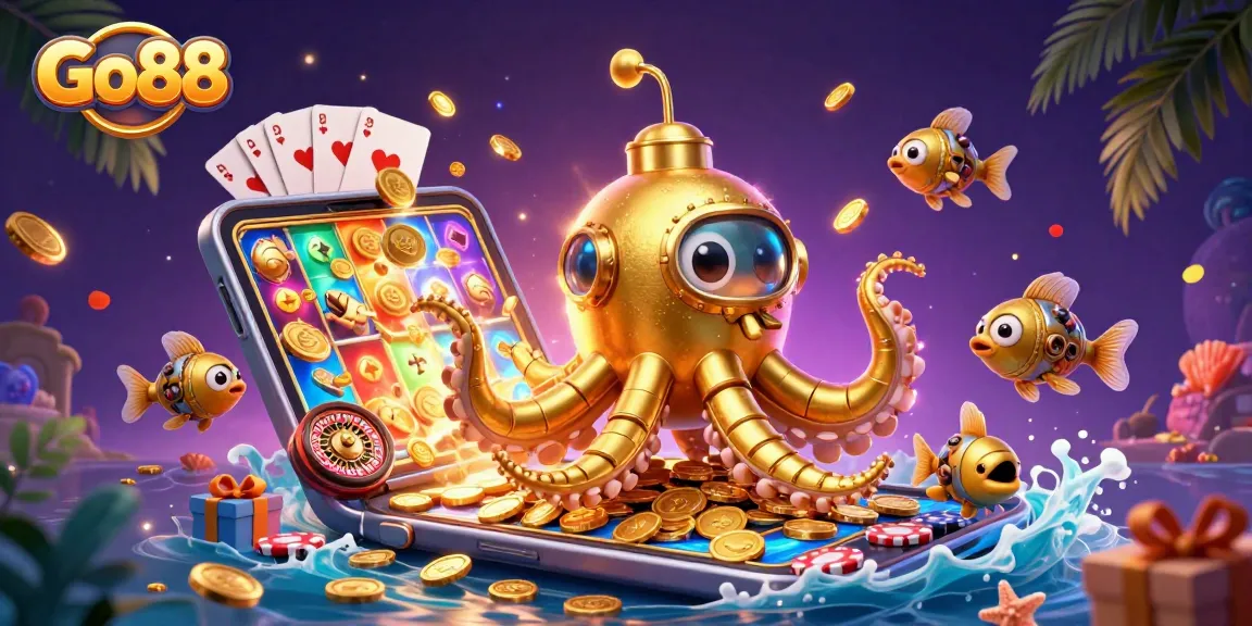 Experience thrilling gameplay at Go88 with a golden kraken submarine and dynamic slot elements.