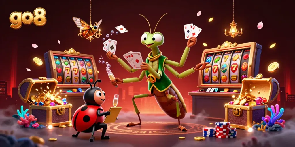 Experience excitement at go8 with lively gaming action featuring a giant mantis card sharp and vibrant slot elements.