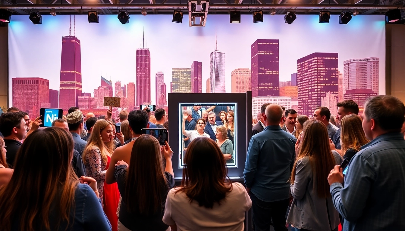 Enjoy vibrant interactions at a photo booth rental chicago event with lively guests and stunning skyline.