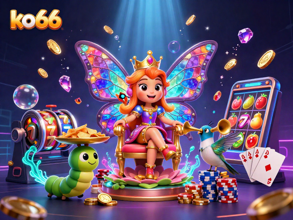 Spin the reels with ko66 as the butterfly queen presides over a vibrant 3D casino scene.