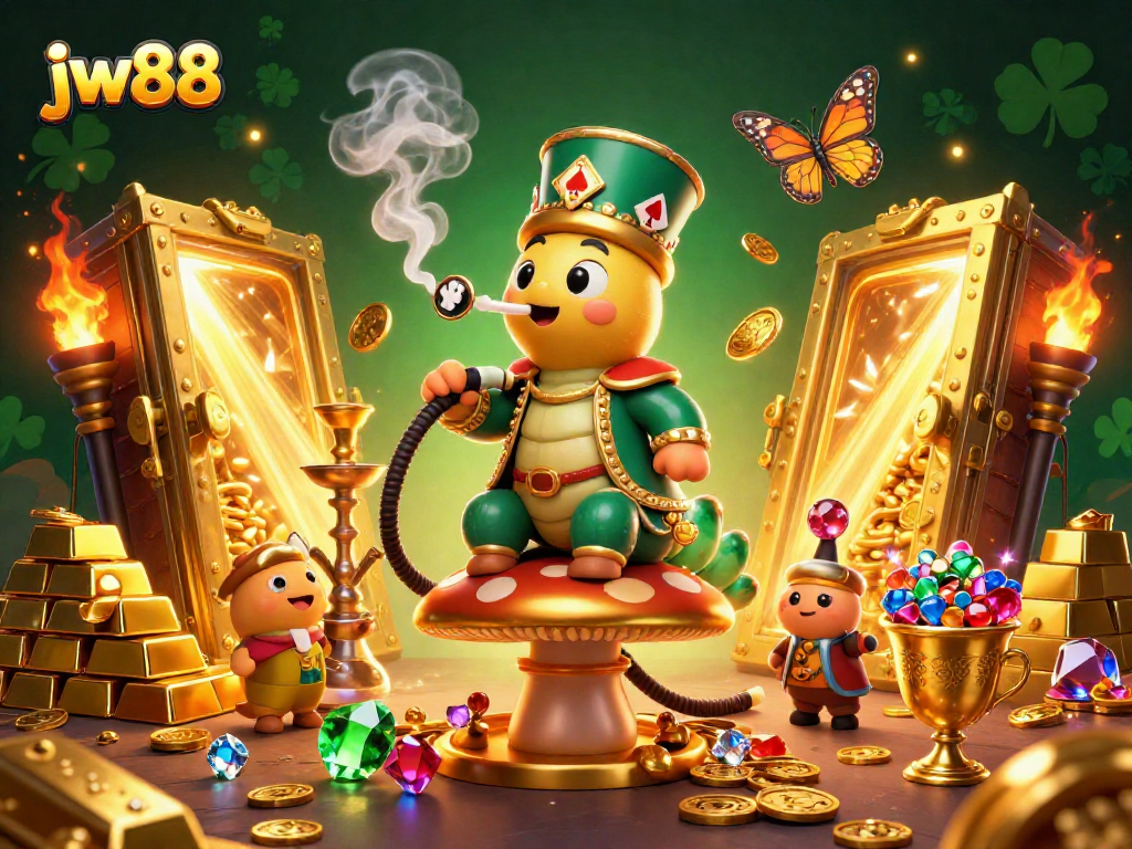 Win big with jw88 in this vibrant casino-themed illustration featuring a hookah-master and riches.