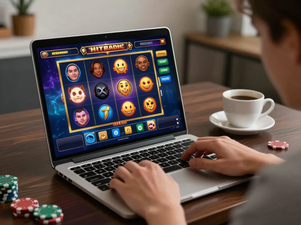 Player enjoying 13win online slots on a stylish laptop, featuring engaging gameplay and casino ambiance.