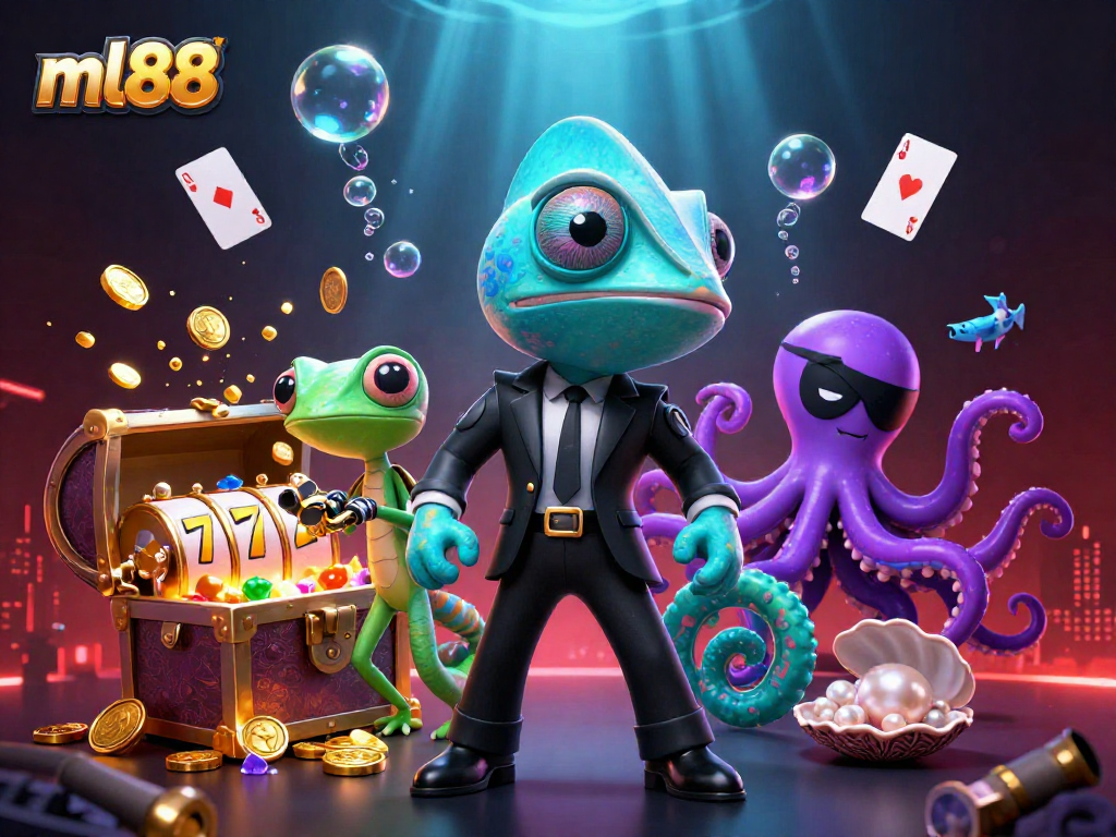 Experience ml88's thrilling casino adventure with a secret agent chameleon amidst vibrant game elements.