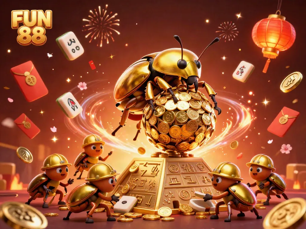 Experience thrilling gambling action with FUN 88 in a vibrant 3D casino scene filled with luck and riches.