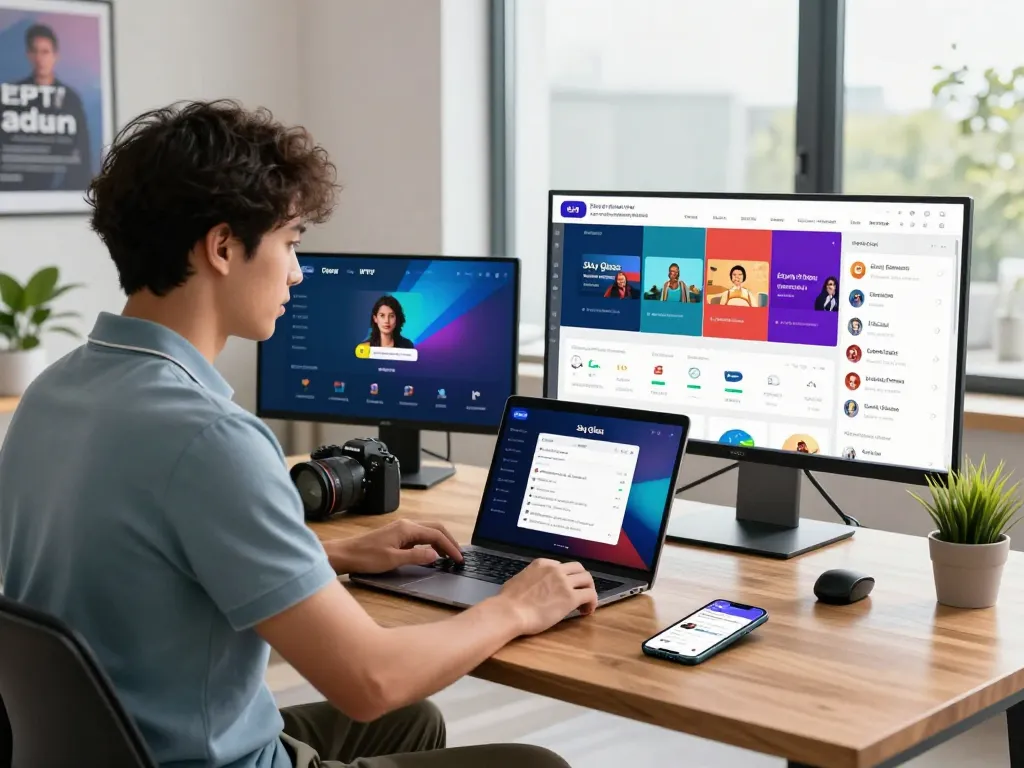 Dynamic workspace showcasing a professional using the Sky Glass IPTV Reseller Panel with vibrant analytics on multiple screens