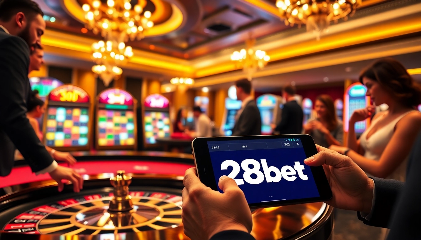 28bet players placing bets at an exciting roulette table in a luxurious casino scene.