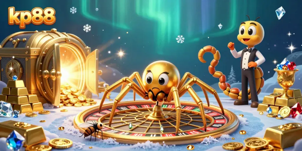 Engage with kp88's thrilling casino world as a fly places bets by a roulette wheel spun by a centipede croupier.