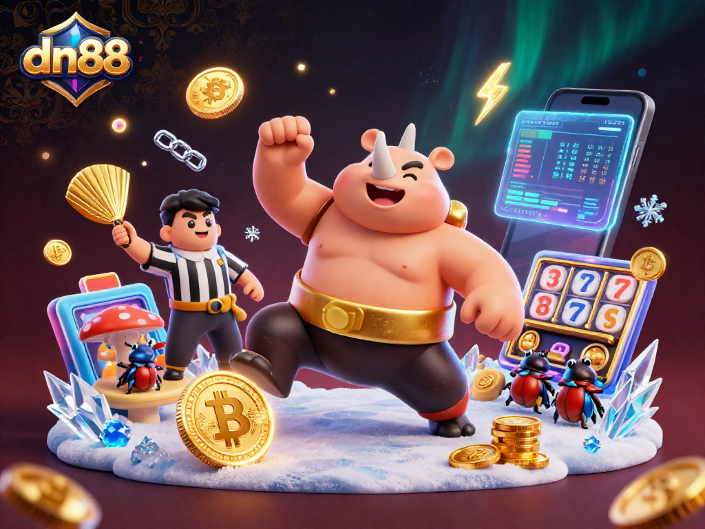 Experience thrilling action with dn88 as a sumo beetle champion sends coins flying in this vibrant casino scene.