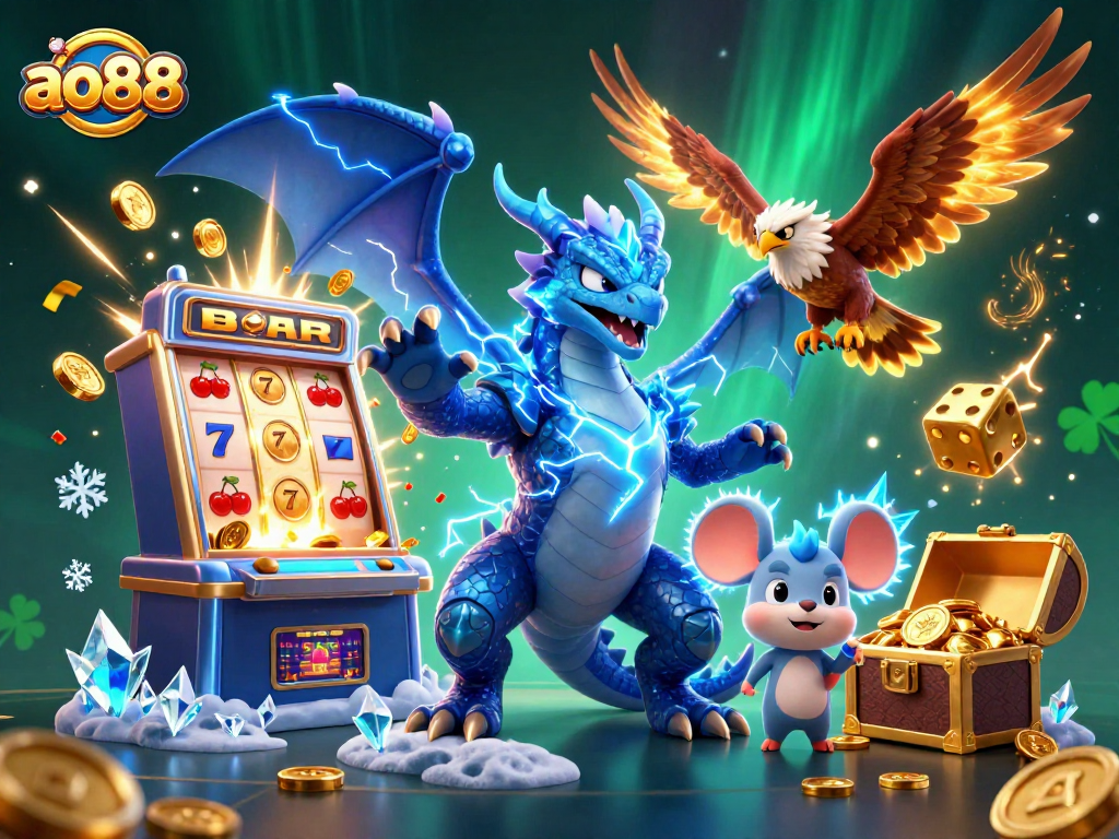 ao88 players enjoying an exciting adventure with slot machines and vibrant game elements in a vibrant casino scene