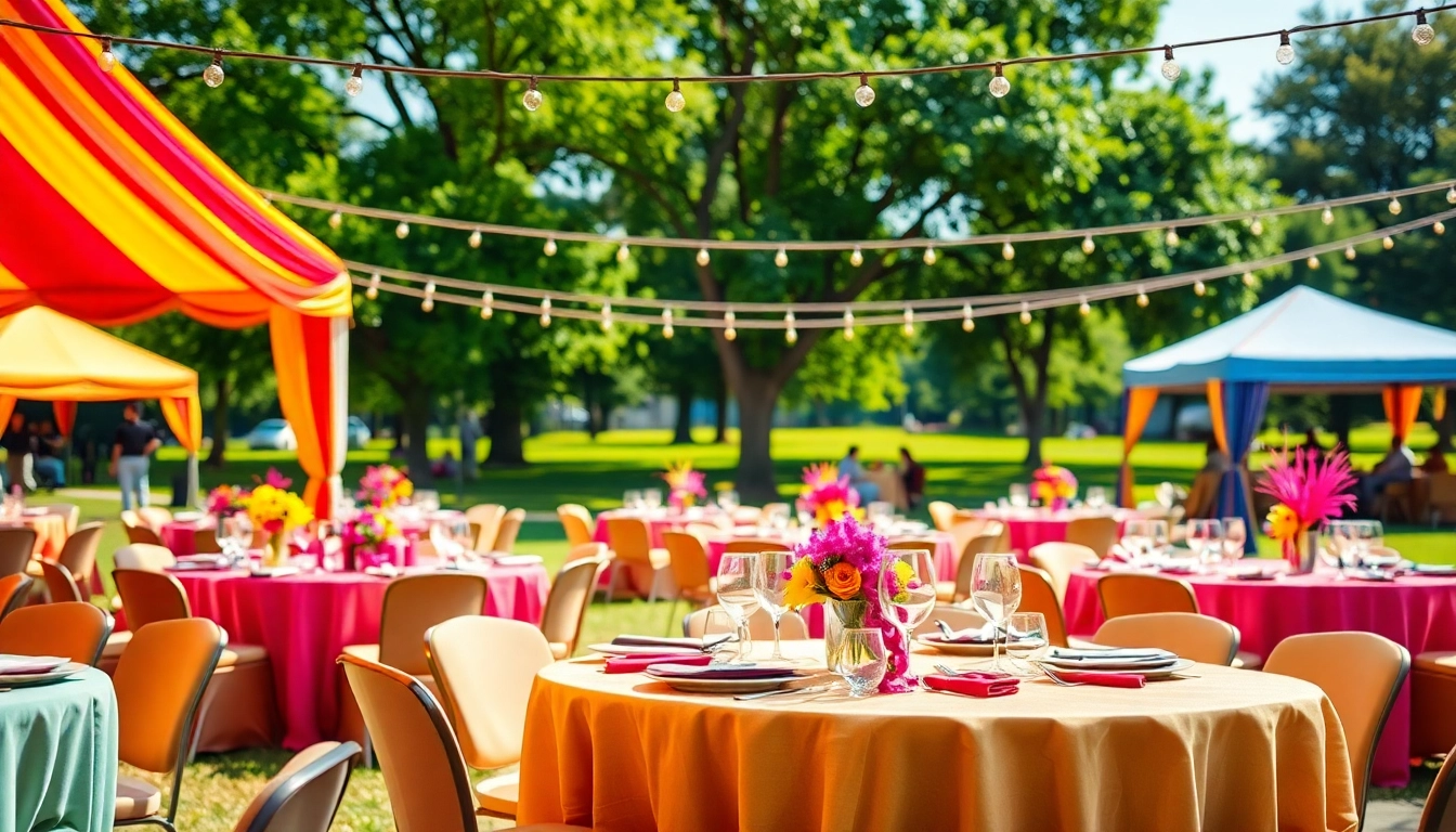 Outdoor Party Rentals featuring a vibrant setup with colorful tents and tables for guests.